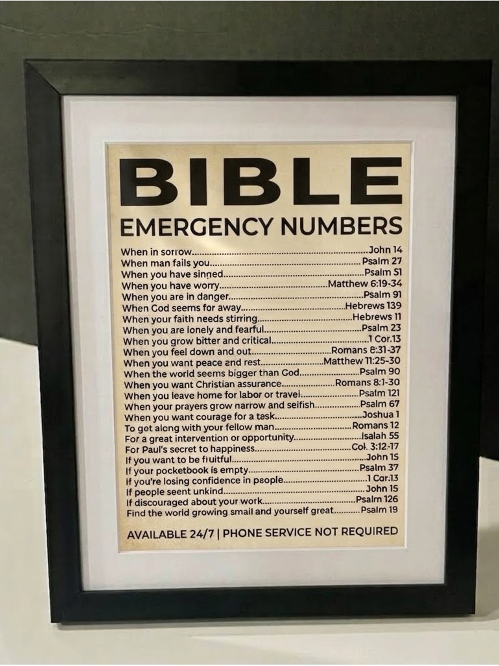 Bible Emergency Numbers Framed Wall Art - Black & Cream